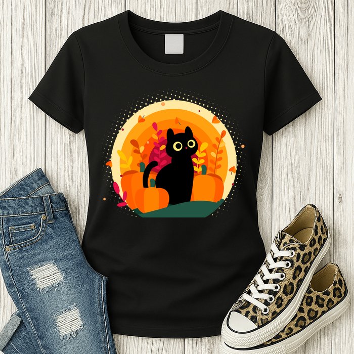 Cute Fall Autumn Lover Black Cat And Pumpkins Womens T-Shirt