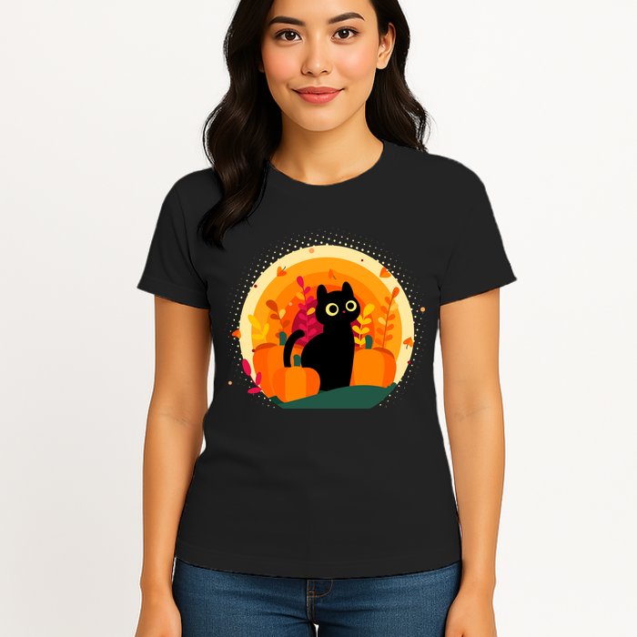 Cute Fall Autumn Lover Black Cat And Pumpkins Womens T-Shirt