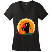 Cute Fall Autumn Lover Black Cat And Pumpkins Women's V-Neck T-Shirt