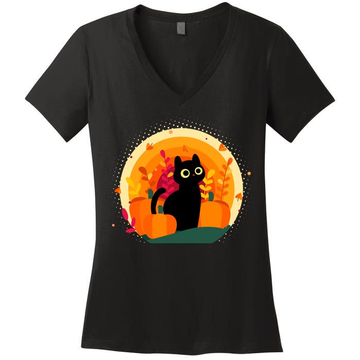 Cute Fall Autumn Lover Black Cat And Pumpkins Women's V-Neck T-Shirt