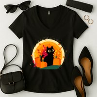 Cute Fall Autumn Lover Black Cat And Pumpkins Women's V-Neck T-Shirt