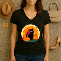 Cute Fall Autumn Lover Black Cat And Pumpkins Women's V-Neck T-Shirt
