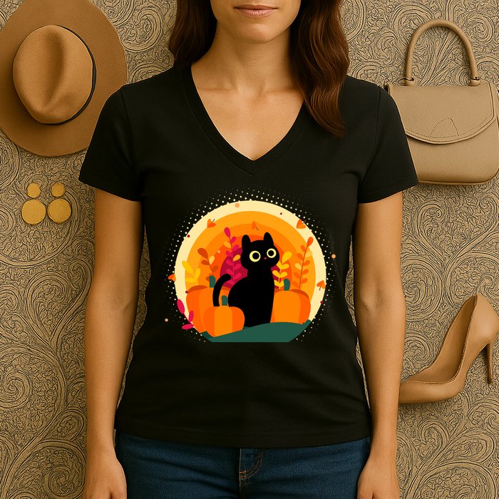 Cute Fall Autumn Lover Black Cat And Pumpkins Women's V-Neck T-Shirt