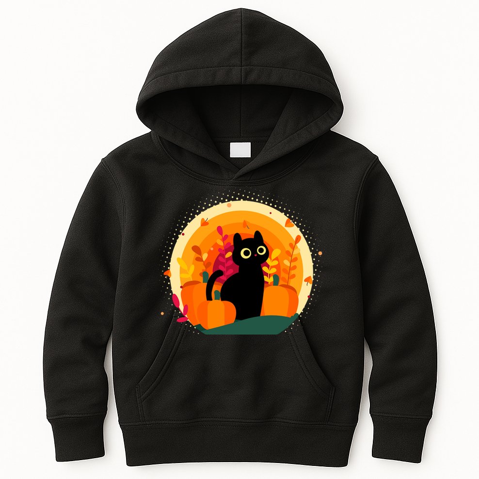Cute Fall Autumn Lover Black Cat And Pumpkins Kids Hoodie