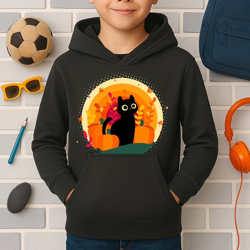 Cute Fall Autumn Lover Black Cat And Pumpkins Kids Hoodie