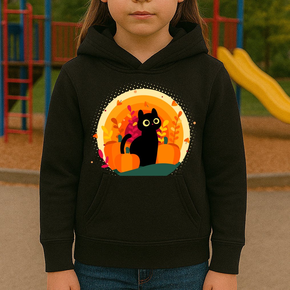 Cute Fall Autumn Lover Black Cat And Pumpkins Kids Hoodie