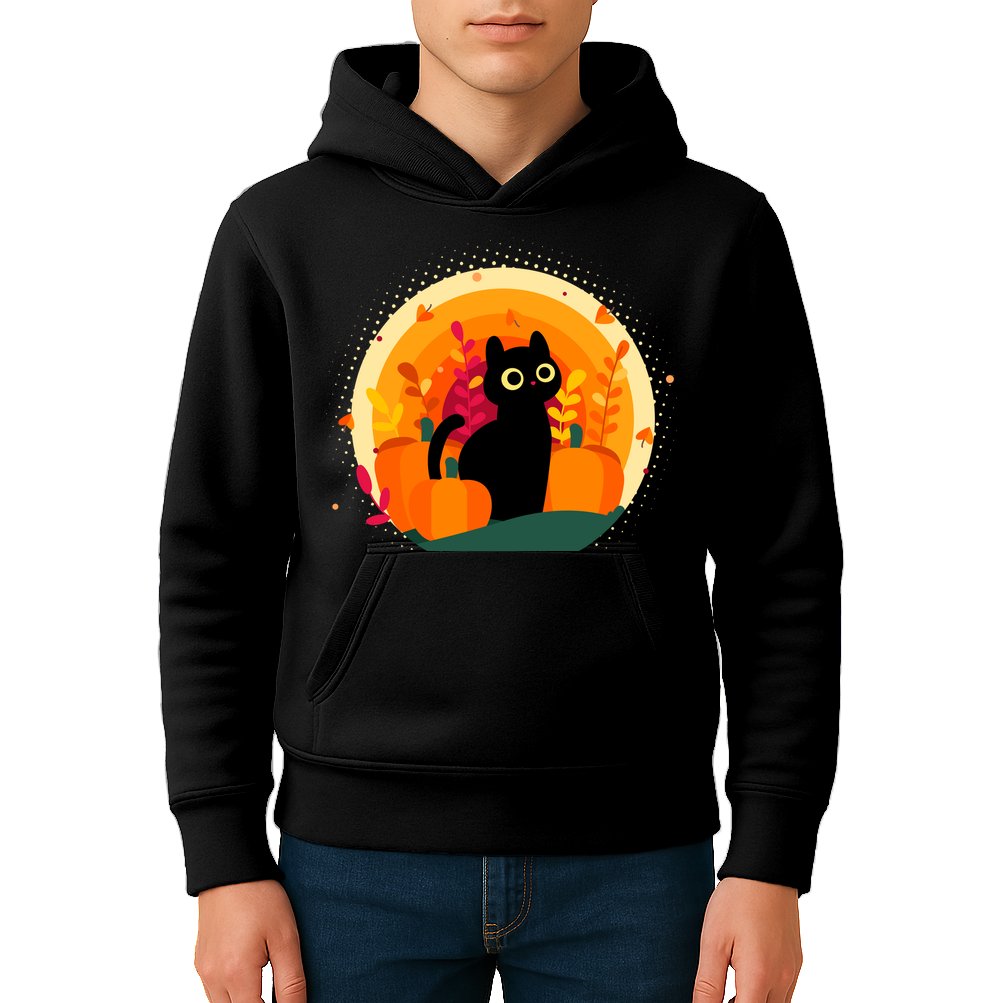 Cute Fall Autumn Lover Black Cat And Pumpkins Kids Hoodie