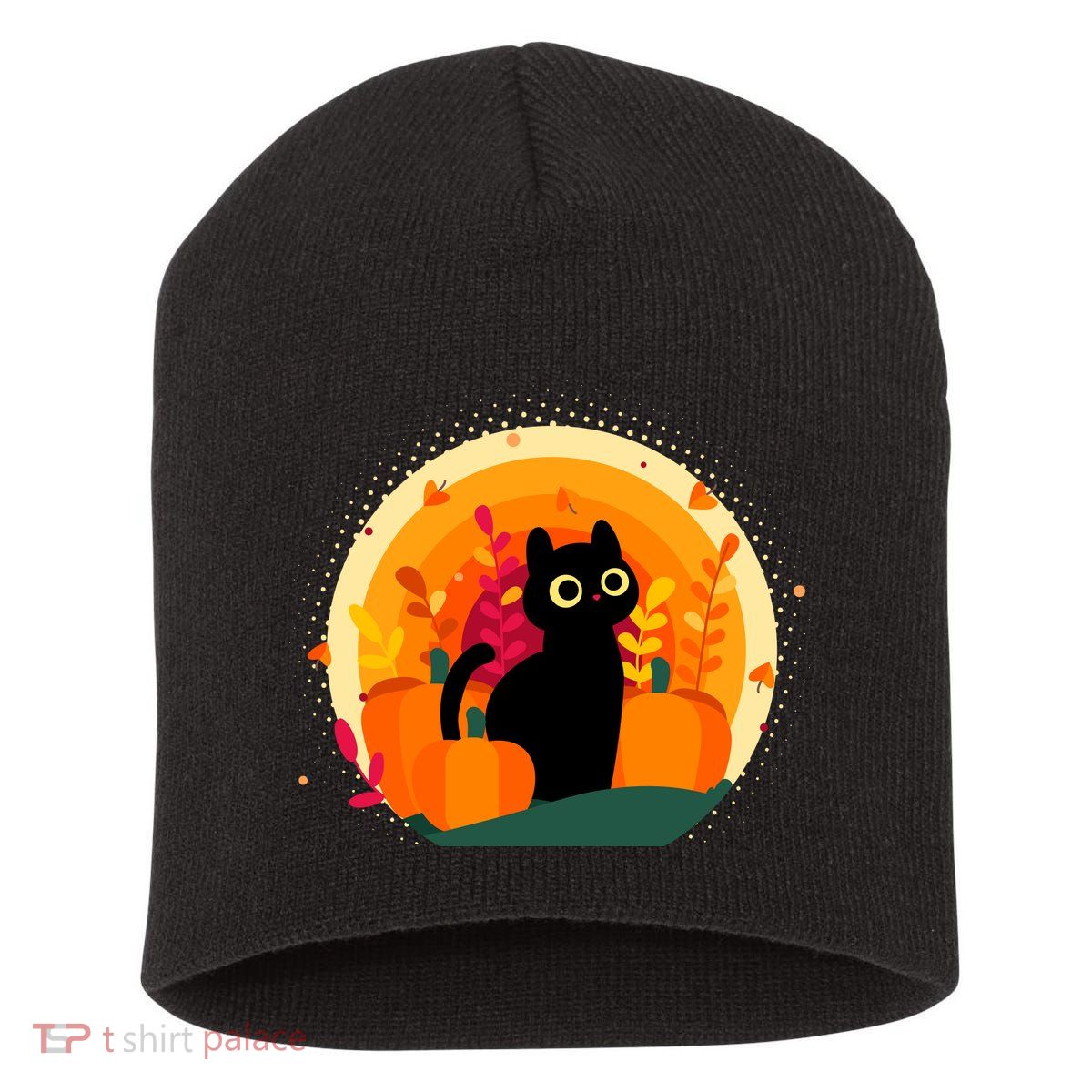 Cute Fall Autumn Lover Black Cat And Pumpkins Short Acrylic Beanie