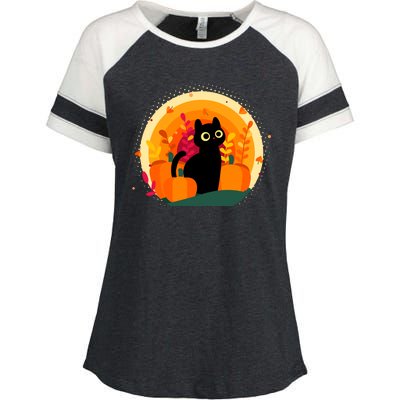 Cute Fall Autumn Lover Black Cat And Pumpkins Enza Ladies Jersey Colorblock Tee