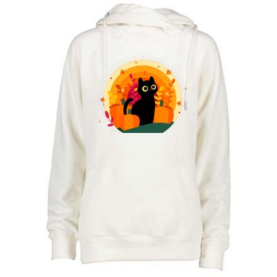 Cute Fall Autumn Lover Black Cat And Pumpkins Womens Funnel Neck Pullover Hood