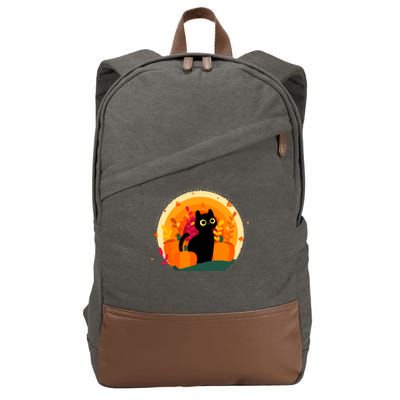 Cute Fall Autumn Lover Black Cat And Pumpkins Cotton Canvas Backpack