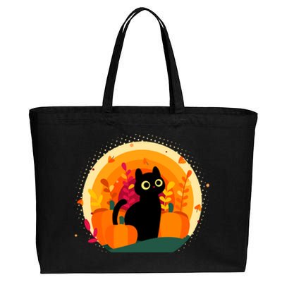 Cute Fall Autumn Lover Black Cat And Pumpkins Cotton Canvas Jumbo Tote