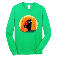 Cute Fall Autumn Lover Black Cat And Pumpkins Long Sleeve Shirt