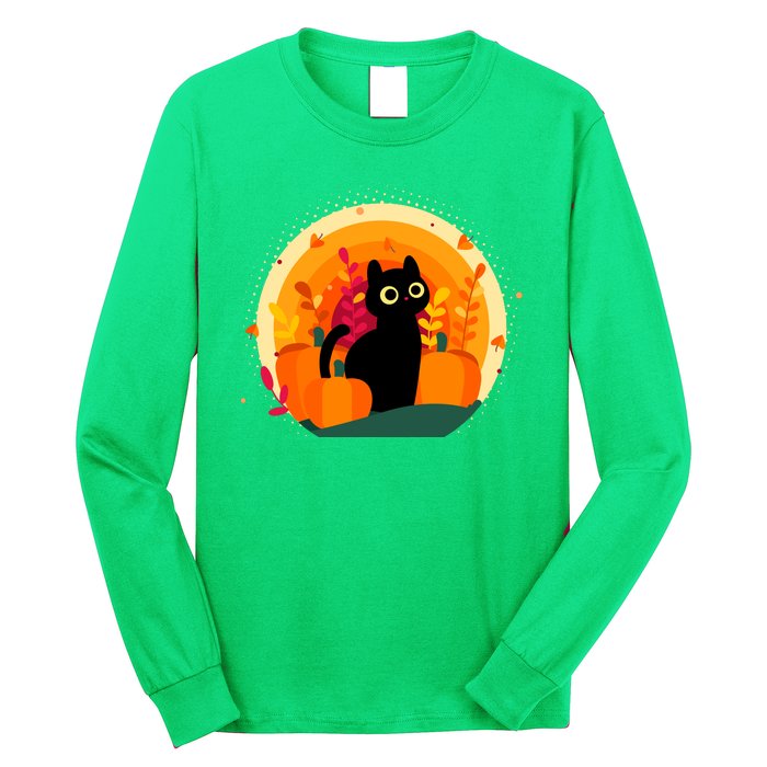 Cute Fall Autumn Lover Black Cat And Pumpkins Long Sleeve Shirt