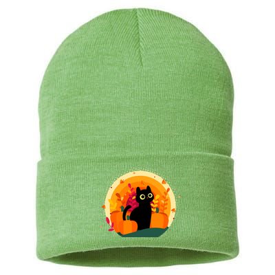 Cute Fall Autumn Lover Black Cat And Pumpkins Sustainable Knit Beanie