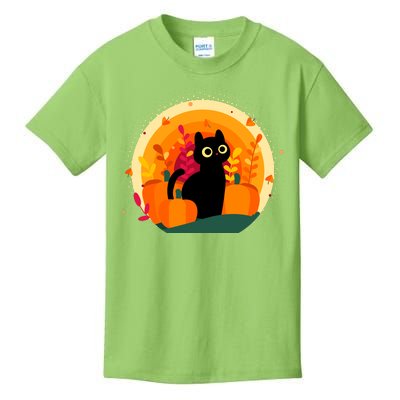 Cute Fall Autumn Lover Black Cat And Pumpkins Kids T-Shirt