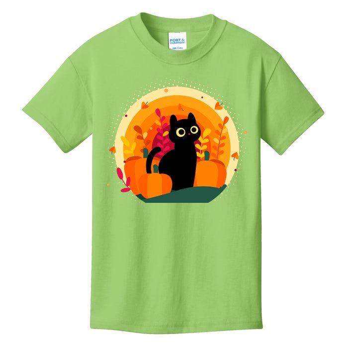 Cute Fall Autumn Lover Black Cat And Pumpkins Kids T-Shirt