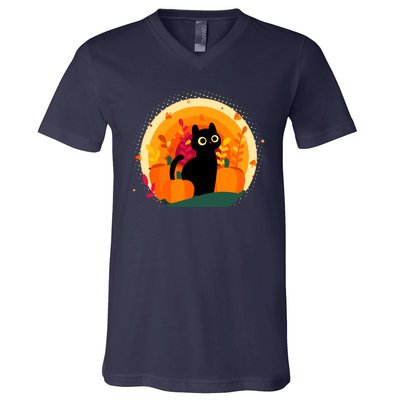 Cute Fall Autumn Lover Black Cat And Pumpkins V-Neck T-Shirt