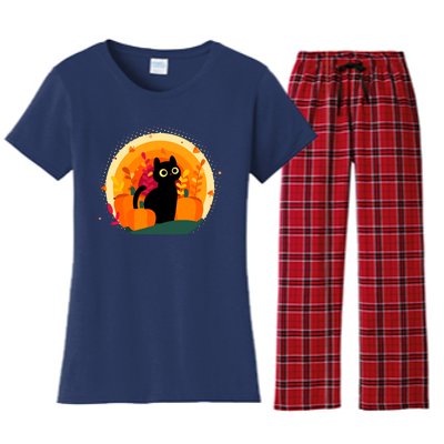 Cute Fall Autumn Lover Black Cat And Pumpkins Women's Flannel Pajama Set