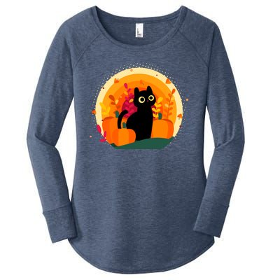 Cute Fall Autumn Lover Black Cat And Pumpkins Women's Perfect Tri Tunic Long Sleeve Shirt