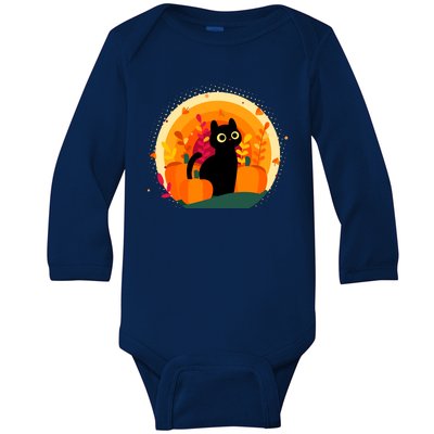 Cute Fall Autumn Lover Black Cat And Pumpkins Baby Long Sleeve Bodysuit