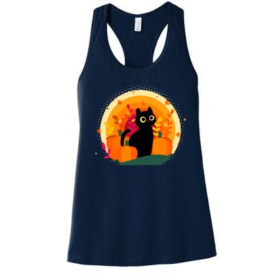 Cute Fall Autumn Lover Black Cat And Pumpkins Women's Racerback Tank