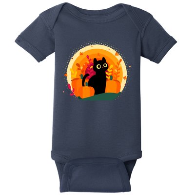 Cute Fall Autumn Lover Black Cat And Pumpkins Baby Bodysuit