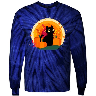 Cute Fall Autumn Lover Black Cat And Pumpkins Tie-Dye Long Sleeve Shirt