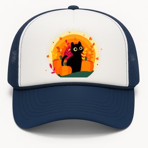 Cute Fall Autumn Lover Black Cat And Pumpkins Trucker Hat