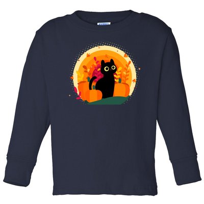 Cute Fall Autumn Lover Black Cat And Pumpkins Toddler Long Sleeve Shirt