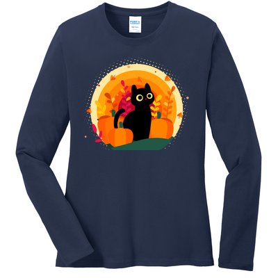 Cute Fall Autumn Lover Black Cat And Pumpkins Ladies Long Sleeve Shirt