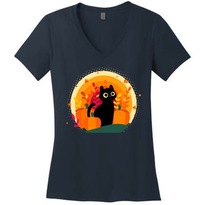 Cute Fall Autumn Lover Black Cat And Pumpkins Women's V-Neck T-Shirt