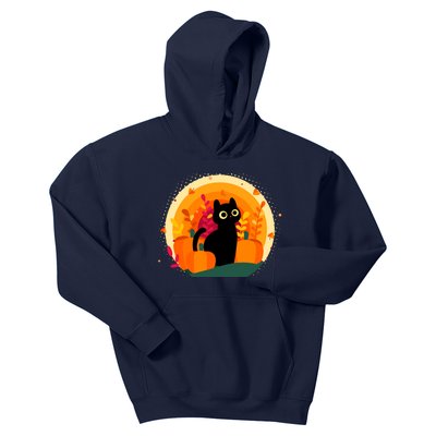 Cute Fall Autumn Lover Black Cat And Pumpkins Kids Hoodie