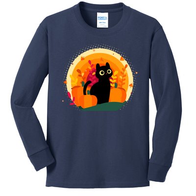 Cute Fall Autumn Lover Black Cat And Pumpkins Kids Long Sleeve Shirt