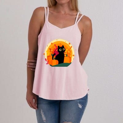 Cute Fall Autumn Lover Black Cat And Pumpkins Women's Strappy Tank