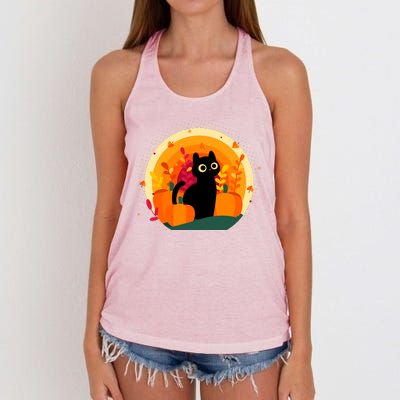 Cute Fall Autumn Lover Black Cat And Pumpkins Women's Knotted Racerback Tank