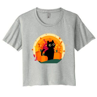 Cute Fall Autumn Lover Black Cat And Pumpkins Women's Crop Top Tee