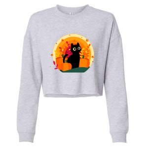 Cute Fall Autumn Lover Black Cat And Pumpkins Cropped Pullover Crew