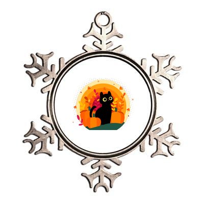 Cute Fall Autumn Lover Black Cat And Pumpkins Metallic Star Ornament