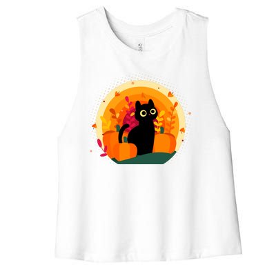 Cute Fall Autumn Lover Black Cat And Pumpkins Women's Racerback Cropped Tank