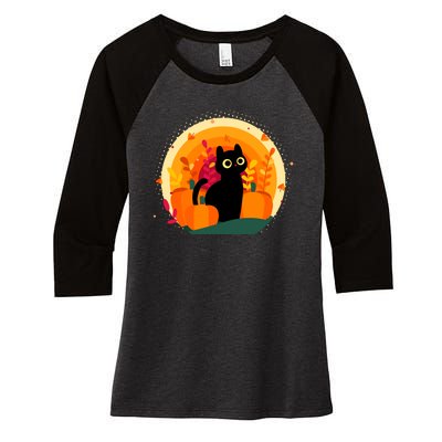 Cute Fall Autumn Lover Black Cat And Pumpkins Women's Tri-Blend 3/4-Sleeve Raglan Shirt