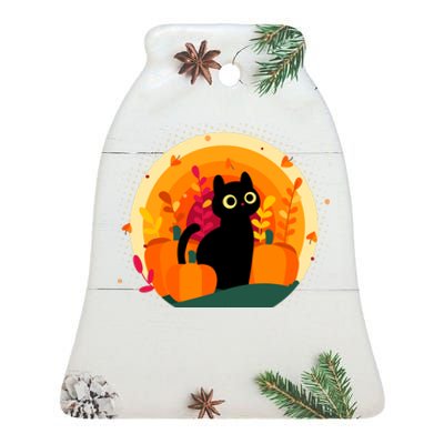 Cute Fall Autumn Lover Black Cat And Pumpkins Ceramic Bell Ornament