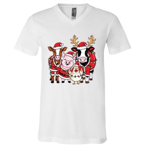 Cute Farm Animals Christmas Sweatshirt Santa Cow Pig Chicken Christmas V-Neck T-Shirt