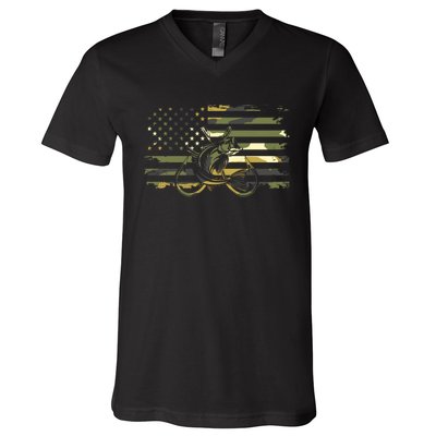 Camouflage Fishing Apparel American Flag V-Neck T-Shirt