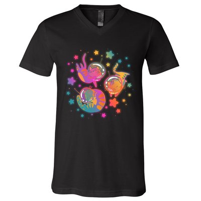 Cute Funny Astronaut Space Kitty Cats V-Neck T-Shirt