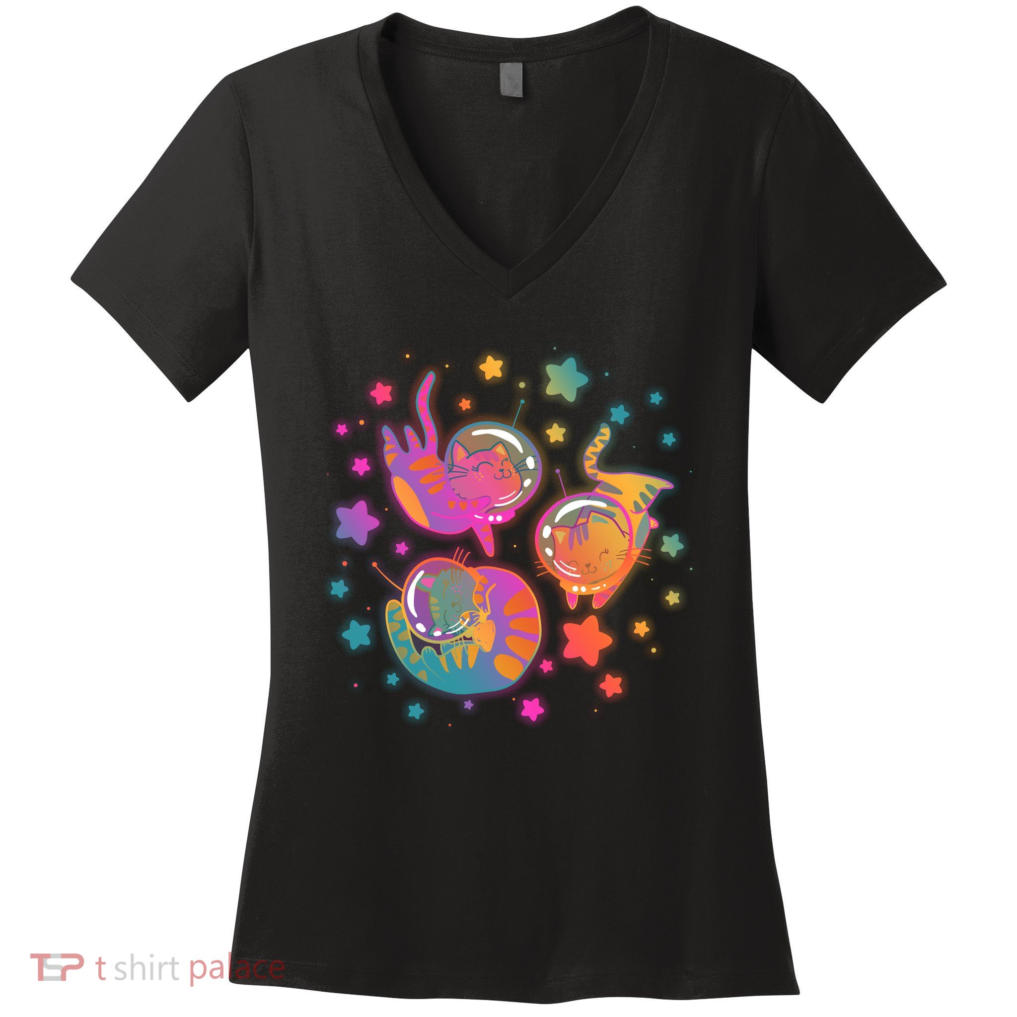 Cute Funny Astronaut Space Kitty Cats Women's V-Neck T-Shirt