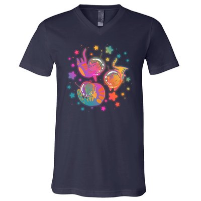 Cute Funny Astronaut Space Kitty Cats V-Neck T-Shirt