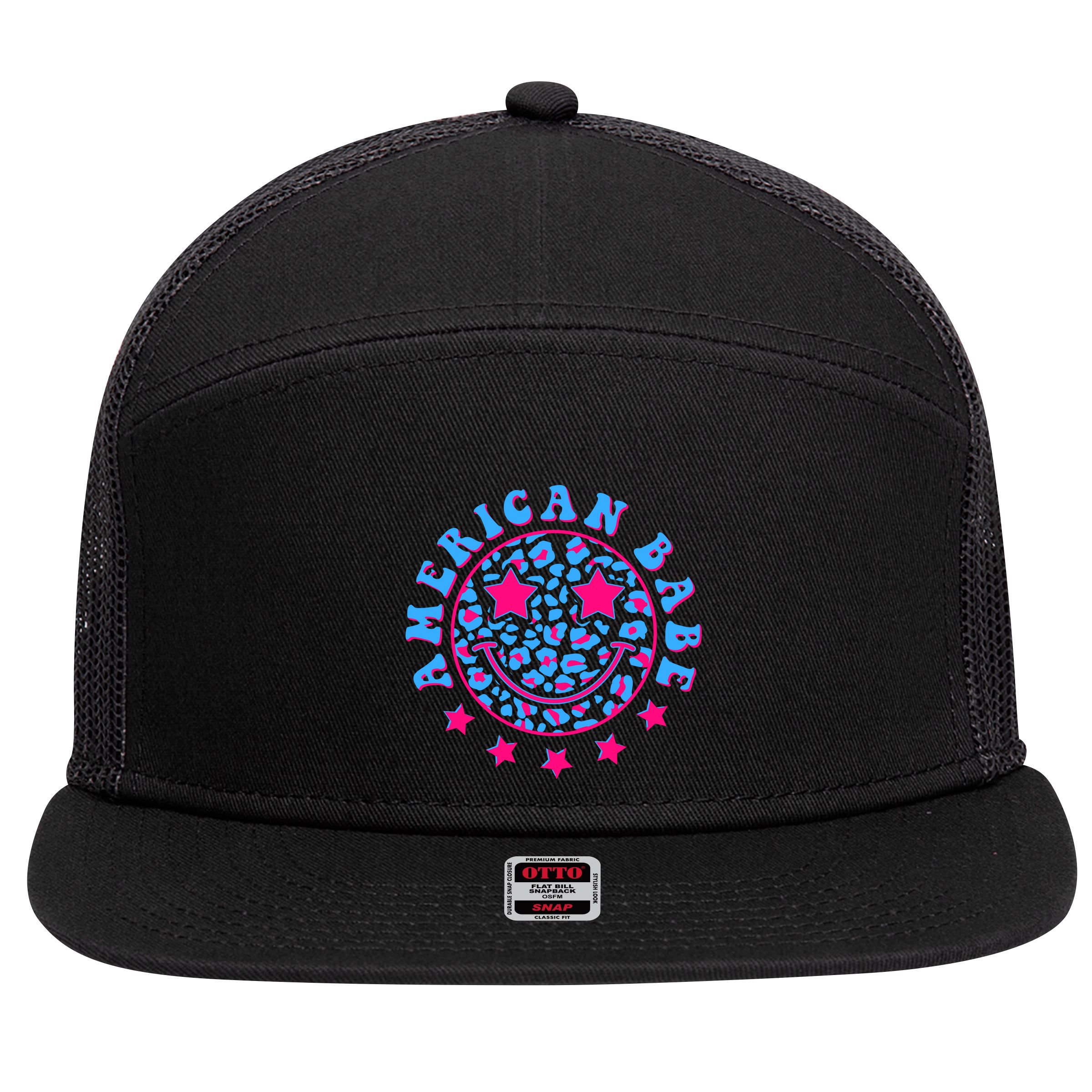 Cute Funny American Babe Leopard Print Smiley Emoji 7 Panel Mesh Trucker Snapback Hat