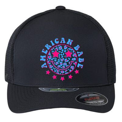 Cute Funny American Babe Leopard Print Smiley Emoji Flexfit Unipanel Trucker Cap