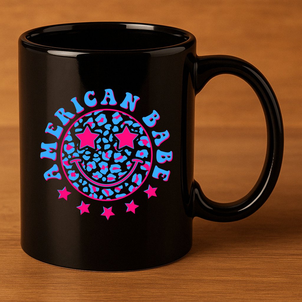 Cute Funny American Babe Leopard Print Smiley Emoji 11oz C Handle Ceramic Mug